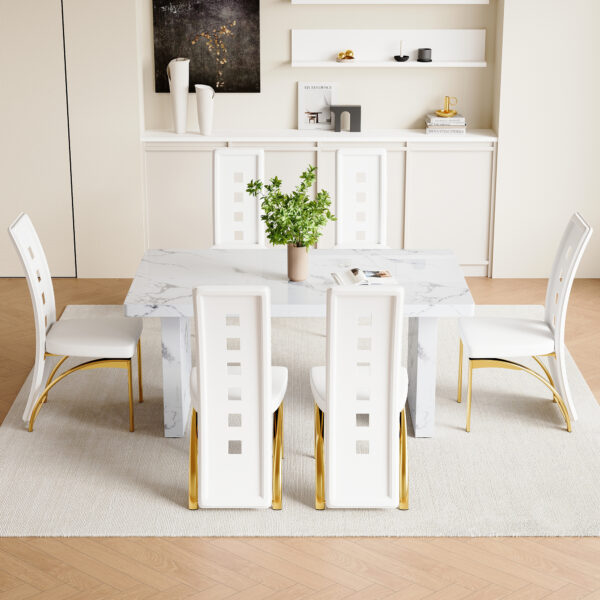 d78a3c0b0b4f4af59434bab31dbaa0fa_156d985bcf05ff6bf8c8f8c296dc9686 Table and chair set.63"*35.4" White Imitation Marble Pattern MDF Dining Table Set - 6 PU Chair With White Saddleback, Geometric Pattern Backrest,Golden Curved Metal Leg.Suitable For Various Scenes.