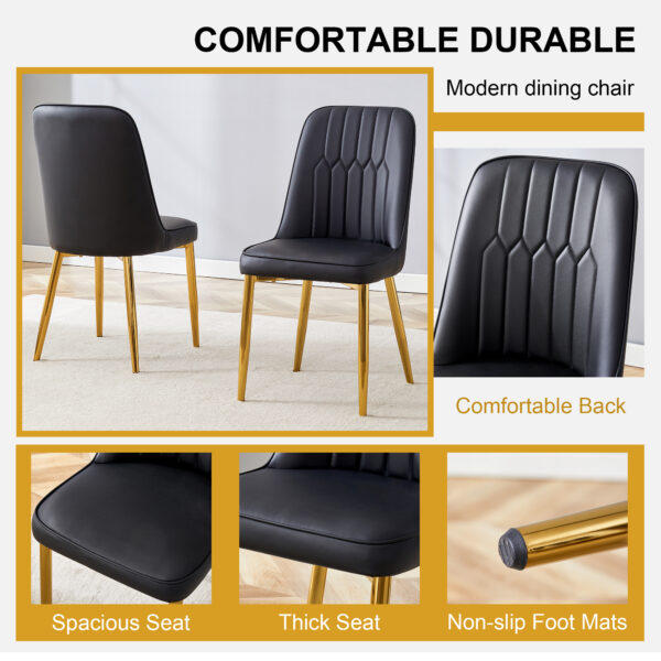 d7a2d1e2f1964a49afb87d49c3e67d15_87e8b419d1affc79f02b5568f252f2c4 4 modern dining chairs, sleek PU leather backrest, and gold metal legs bring a comfortable home experience to the kitchen, bedroom, and office.