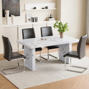 Table and chair set.63"*35.4" White Imitation Marble Pattern MDF Dining Table Set - 4 Soft and Comfortable Dark Gray PU Chair With Arched Metal Silver Leg.Create Your Exclusive Low-Key Luxury Space.