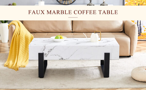 d7cbab85a611424b86ec23f97a4858ac_e775e3e99bb743d8037eeef72ec8f4dc 47.2"x23.6" Black and White Minimalist MDF Marble-Patterned Coffee Table.White marble pattern sticker,Black metal leg spray coating,MDF Coffee table.Showcasing a modern and simple style.