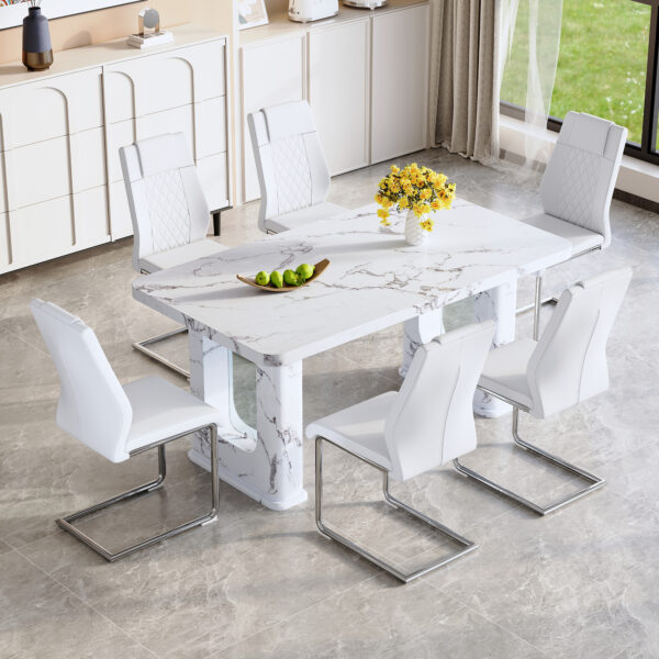 d7d6fabdfb3f40228e05f432de13c5fd_1f37f7e8159fc8ef704d144726acb11e Table and chair set.64.5 x 35.4 Inch Stylish White Marble Textured Dining Table,Perfectly Blending Simplicity And Transparency.Paried With 6 White High-quality PU Chairs With Arched Silver Metal Legs.