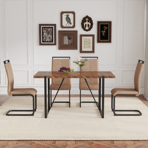 Table and chair set.A retro rectangular dining table with fishbone patterned MDF desktop and black metal legs.Paired With 4 Brown technology fabric chairs with Featuring arched black legs.