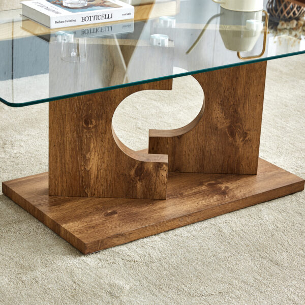d7faac58909b409cb7e2682c9e3426be_20240204_6181f6188aab0bea5bd1119e5d007e63 A rectangular modern and fashionable coffee table with tempered glass tabletop and wooden color MDF legs. Suitable for living room.47.2"*25.5"*18"