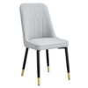 Table and chair set.The table has a glass top with imitation marble pattern stickers and stainless steel golden legs. Paried with chairs with PU artificial leather backrest cushions and black legs.