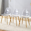 Transparent and stylish ergonomic dining chair unlocks a new experience of lightweight fashion, comfort, and stability. Transparent seat cushion, golden metal legs. One box of three.