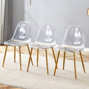 Transparent and stylish ergonomic dining chair unlocks a new experience of lightweight fashion, comfort, and stability. Transparent seat cushion, golden metal legs. One box of three.
