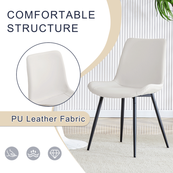 d890f3c617014a6a8ed735449a46d8e6_ff7f64b78a9f6e78bf674ce79f0f4eb7 Table and chair set.A minimalist retro rectangular dining table with a specially textured top and black metal legs.Paired With 4 White Artificial PU Chairs With Curved Widened Cushion Design.