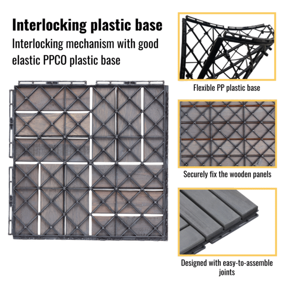 30 PCS Interlocking Deck Tiles Checker Pattern, 12" x 12" Square Light Gray Acacia Hardwood Outdoor Flooring for Patio, Bancony, Pool Side,...
