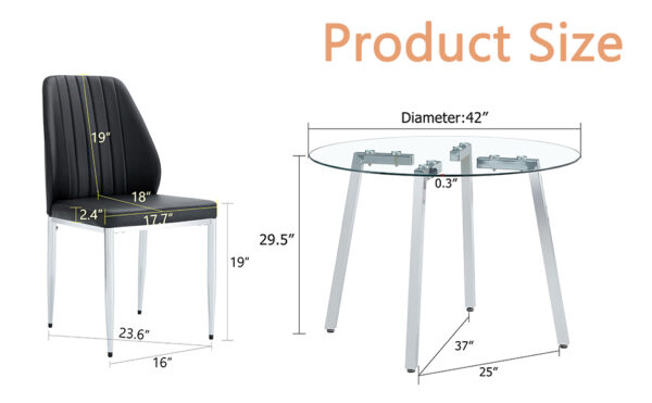 d89fc611925241099cbc625b79f87c3f_acad82faab5f87fba8a68d510d994af8 Table and chair set.Modern circular transparent tempered glass table, tempered glass tabletop, silver metal table legs.A Set of 4 Black PU Comfort Dining Chairs with extended backrest.