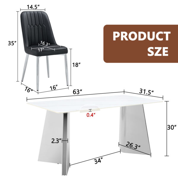 d8a6d7b94a98498dbc9d79d26fb463be_508b03ddeb21bf7b2c54b2f5b2a3a838 Table and chair set.63"x31.5x30" Luxurious Snow Mountain Patterned Sintered Stone Table with Silver Metal Butterfly Legs.Paired With 6 Black Chairs With Silver Metal Legs.Modern Light Luxury.