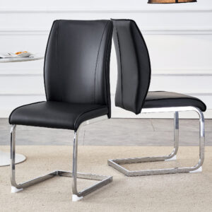 Luxury Simple Arch Chair - Set of 2 Black PU Material High Resilience Dining Chair with Arched Metal Silver Leg.