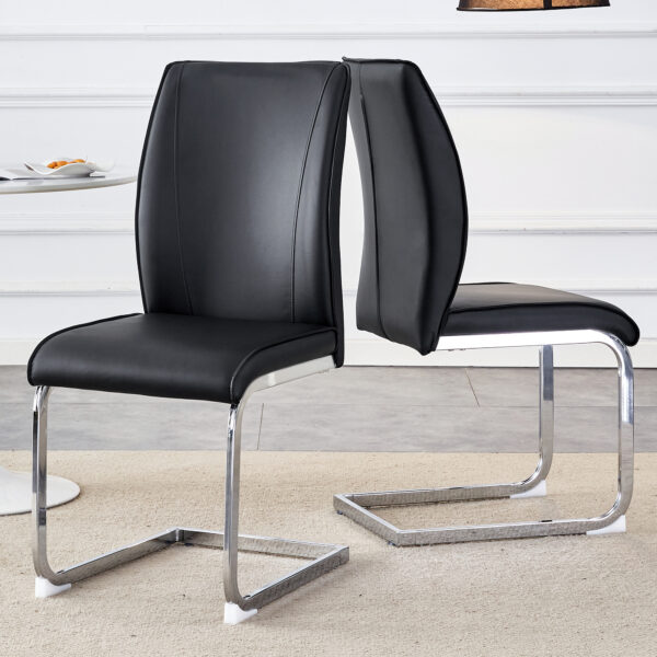 d8b89ae97b9e429095bed57ebd1785c6_3b56326b3b2bc08087d25c94d135f0f8 Luxury Simple Arch Chair - Set of 2 Black PU Material High Resilience Dining Chair with Arched Metal Silver Leg.