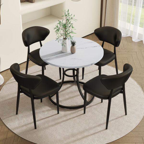 d8cce71cade044fd94a54ef0c8077406_fe712d0228335374bddef100053d5e16 Table and chair set.A Modern Minimalist Circular Dining Table With A Diameter Of 33.3 Inches.Paired With 4 Black Minimalist Ergonomic Dining Chair, With A Curved Backrest For Comfortable Design.