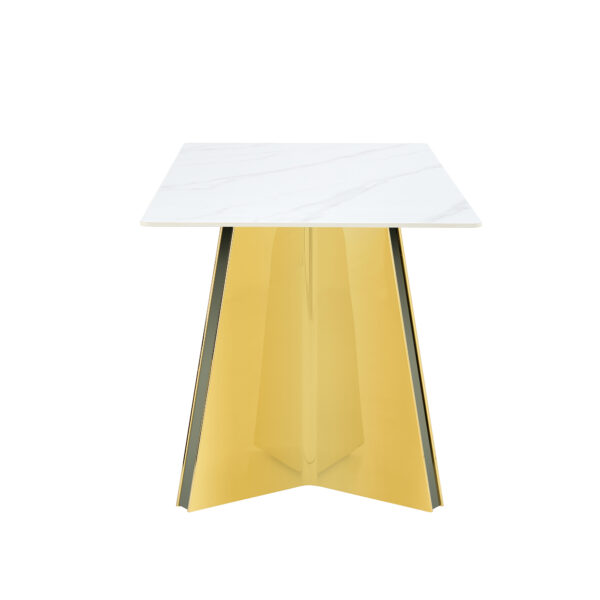 d8d425dca3854069953632f9b0dcd9ab_1c93b6f49c37c878bc1933e9ef70bea1 63"x31.5x30" Luxurious Snow Mountain Stone Slab Dining Table with Golden Stainless Steel Butterfly Legs.The tabletop is designed to be scratch and heat resistant.Slabs Tabletop,
