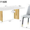 Table and chair set.The table has a glass top with imitation marble pattern stickers and stainless steel golden legs. Paried with chairs with PU artificial leather backrest cushions and black legs.