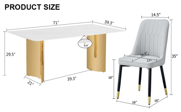 d8da313ad96c459ca3fa6d17d8b4755c_dc71adef8025b3bfa8620dd90aefd061 Table and chair set.The table has a glass top with imitation marble pattern stickers and stainless steel golden legs. Paried with chairs with PU artificial leather backrest cushions and black legs.