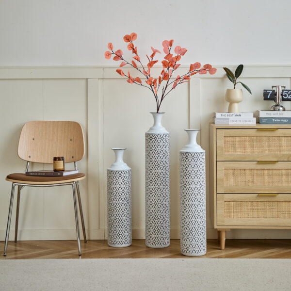 d8e19cda7aa54d2788b26e139efb561d_df59b84fbf8a7a123b97c51aab50ce78 Floor Metal Vases Decorated White Metal vases Set of 3 gorgeous home decoration large glazed metal vases 24in/28.7in/33.5in height