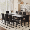 Table and chair set.71*35.4 inch White And Black Spliced Dining Table With Storage Function In The Middle Of The Table Legs.Paired With 8 Black PU Dining Chairs, Simple And Versatile.