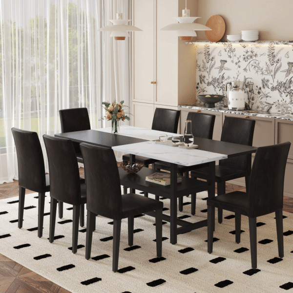d8e79b69afcf425ebb910af2a9b4ae37_156d7159474cd4cc22fbf3e4274df71e Table and chair set.71*35.4 inch White And Black Spliced Dining Table With Storage Function In The Middle Of The Table Legs.Paired With 8 Black PU Dining Chairs, Simple And Versatile.