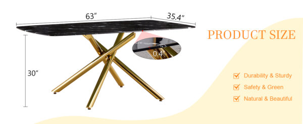 d9194ad515af49098a73779addd1ae29_2ce75137db725c6dff744faca9fba2e8 63"x35.4" Luxurious Black Marble-Patterned Tempered Glass Dining Table.Single Fork Golden Metal Table Legs.Tempered Glass Table Top,Golden Metal Leg.Make it Adaptable To Various Decoration Styles.