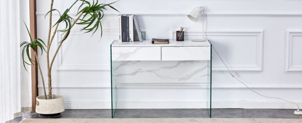 White environmental protection MDF minimalist dresser, desk, desktop computer desk, with double drawer storage space, simple home, perfect for various styles of home environment.