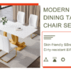 Table and chair set.Subtle Luxury Tempered Glass Dining Set - 63"x35.4" with 4 White PU Material High Resilience Dining Chairs.Arched Metal Gold Leg.White imitation marble texture sticker Tabletop.