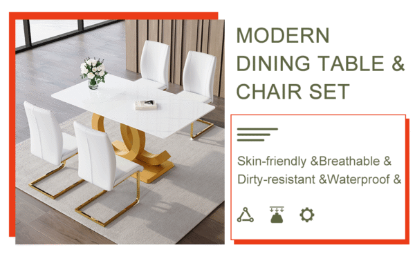 d933a2c47b69472787122f15125cd34a_7489cdbaf3a1272794b8352a99677dc3 Table and chair set.Subtle Luxury Tempered Glass Dining Set - 63"x35.4" with 4 White PU Material High Resilience Dining Chairs.Arched Metal Gold Leg.White imitation marble texture sticker Tabletop.