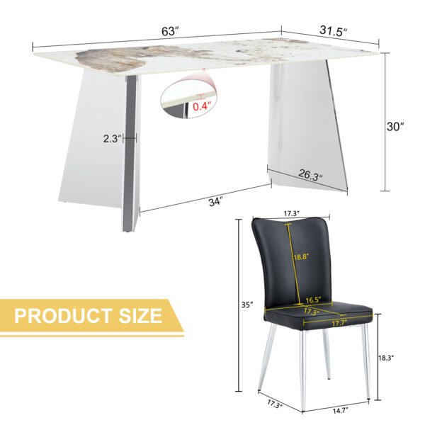 d93af140b3804a4995da2d8f0f8a3fdd_332e2e46aa26db53e7c5711e7bcd7cc1 Table and chair set.63"x31.5x30" Luxurious Pandora patterned Sintered Stone Tabletop with Silver Stainless Steel Legs.Paried With 4 Black PU Chairs with a vertical stripe design on the backrest.