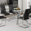 Table and chair set.Modern Luxurious Transparent Tempered Glass Dining Table Set with 6 Chairs.Single fork silver metal table legs.Black high-quality PU dining chairs with silver metal legs.
