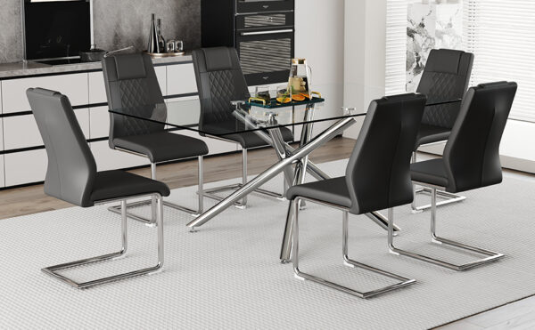 d95ef55359564da28f248be229aa608d_89b900432ad3d5951aa20e59532e8773 Table and chair set.Modern Luxurious Transparent Tempered Glass Dining Table Set with 6 Chairs.Single fork silver metal table legs.Black high-quality PU dining chairs with silver metal legs.