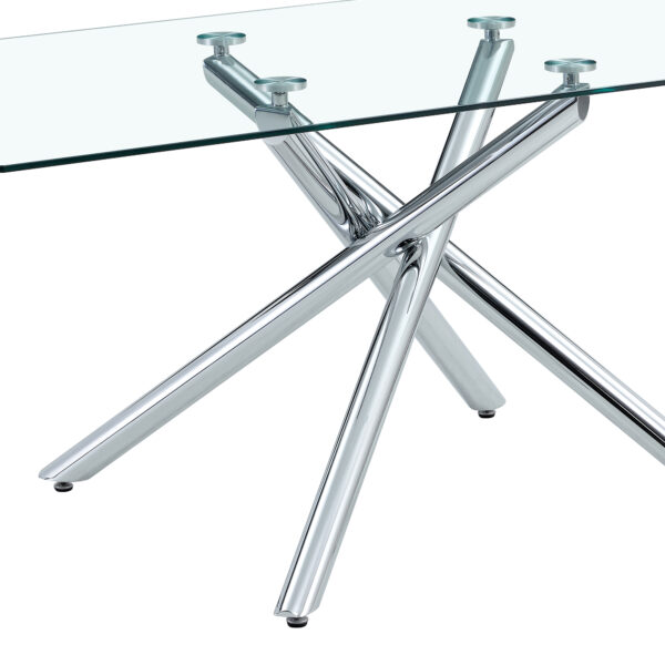 d96149edd6cd48c7a978f7b0ea9348b6_0e1d3d5a1ced6014074bb74911ec3c29 Table and chair set.Modern Luxurious Transparent Tempered Glass Dining Table Set with 6 Chairs.Single fork silver metal table legs.White high-quality PU dining chairs with silver metal legs.