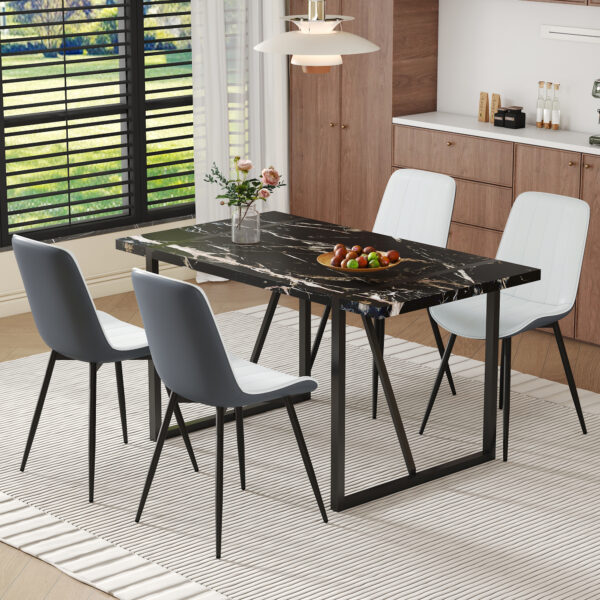 d96c97f9e62e4f659d0ecf46c7b21346_8c25361e95c7c408f6d0b4b29254b9c7 Table and chair set.Modern Black Marble Pattern MDF Dining Table Set-55"x31.4" with 4 Extended Seat Cushion PU Dining Chairs.White and Dark Gray Splicing Colors Cushion.Iron Pipe Spraying Chair Legs.