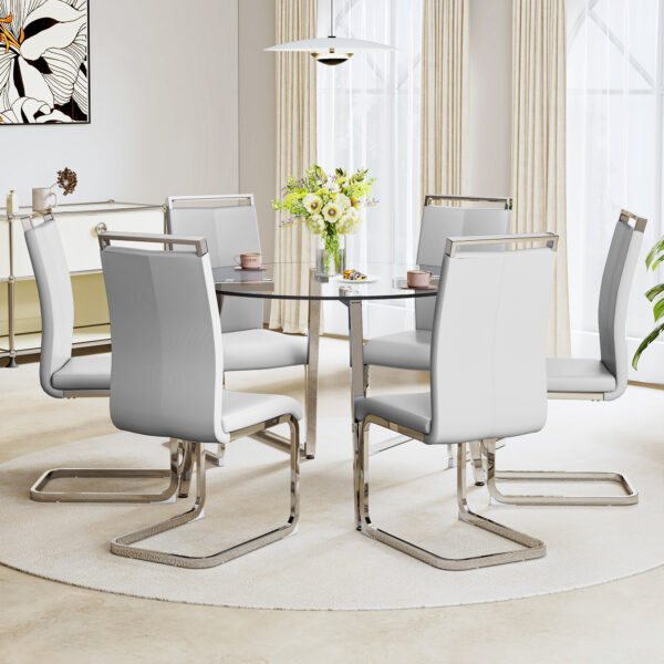 Modern minimalist style circular transparent tempered glass table, tempered glass tabletop, silver metal table legs, suitable for kitchen, dining room, and living room, 42 "* 42" * 29.5 "1123r
