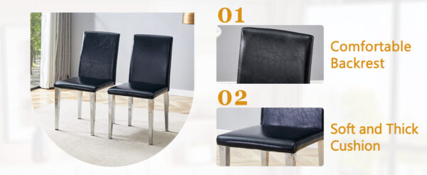 d9850b9d55c043a18e57d94ab9b7eec1_29017b7df718b9e16a05f54242f31308 Table and chair set.64.5x35.4 Inch Stylish White Marble Textured Dining Table.Paried With 6 Black PU dining chairs, Silver Metal Legs.Simple and versatile.High Elasticity Sponge Filling.