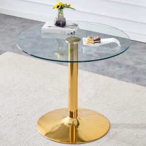 A 35-inch diameter glass top and a modern, minimalist round dining table with gold metal legs. Ideal for dining rooms, living rooms and meeting rooms.