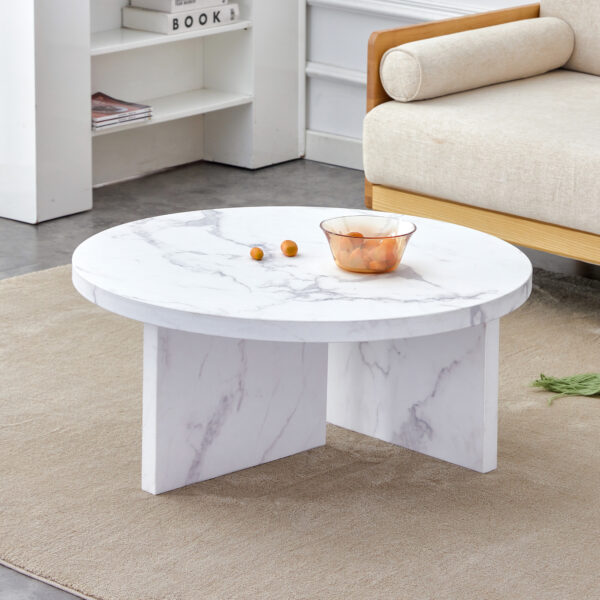 d99d8485f0094676abd5f03901df000b_20240123_9f31472f8107ca8573594c18d2ec88e5 A white MDF material circular patterned coffee table, a 31.4-inch white center table, modern coffee table, suitable for small spaces and living rooms.