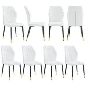 8 modern dining chairs with stylish PU patterned backrest and black metal legs for a comfortable home experience in the kitchen, bedroom and office.