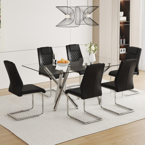 d9be1c0b877e4b289d77e8e19f9d0158_8183c709a099648f23c7c0c12386d069 Table and chair set.71''*35.4'' Inch Modern Luxurious Transparent Tempered Glass Dining Table Set with 6 Chairs.Double Fork Silver Metal Table Legs.Black High-quality PU Dining Chairs.