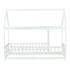 Twin Size House Floor Wooden Bed with Roof Frame,Safety Guardrails,White