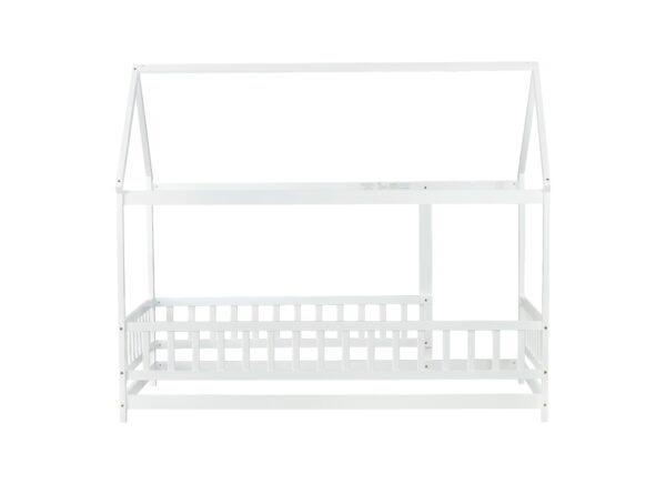 Twin Size House Floor Wooden Bed with Roof Frame,Safety Guardrails,White