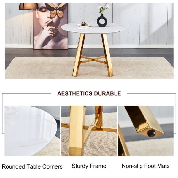 Modern minimalist white patterned circular dining table and coffee table. MDF desktop, diameter 42 inches, stainless steel metal legs, suitable for home and office use