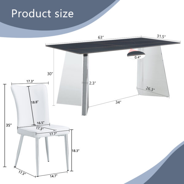d9e4e5ffccff4d759474574523fab394_5db8c5931c1f68ce311feb38797090a3 Table and chair set.63"x31.5x30" Black Marble-Patterned Slabs Tabletop with Stainless Steel Butterfly Legs.Paired with 4 white PU dining chairs with a vertical stripe design on the backrest.
