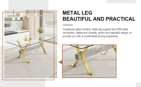 d9e7221c20864dcdaa4282efab684560_20230821_ca9a712e50b58956cffc0c878923e9d9 Dining table. Modern tempered glass dining table. Large modern office desk with gold plated metal legs and MDF crossbars, suitable for both home and office use. Kitchen. 79 ''x39''x30 '' 1105