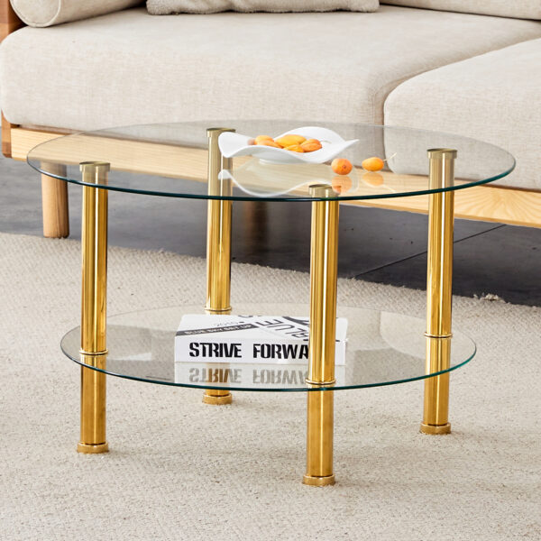 d9f36c742d6c44cc80ff84ed1ea2fb1a_cb11a0759e291c89f037902f8d054284 Contemporary Minimalist Double Layer Tempered Glass Coffee Table - 27.5" Top and 23.6" Bottom.Reinforced Glass Tabletop,Stainless Steel Gold Plated Legs.