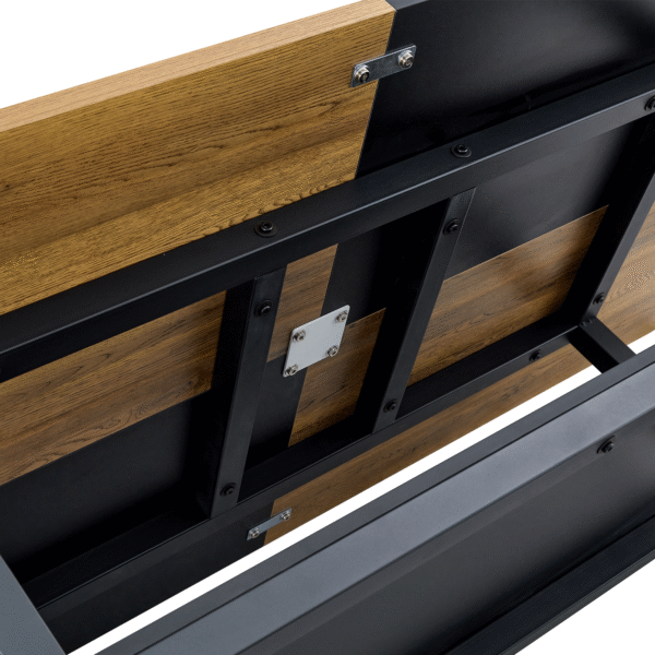 Table and chair set.71*35.4 inch Wooden And Black Spliced Dining Table With Storage Function In The Middle Of The Table Legs.Paired With 6 Light Gray Linen Fabric Chairs.