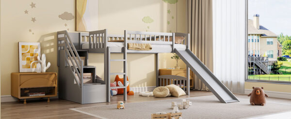 Stairway Twin Size Loft Bed with Two Drawers and Slide,Gray(OLD SKU:LT000515AAE)