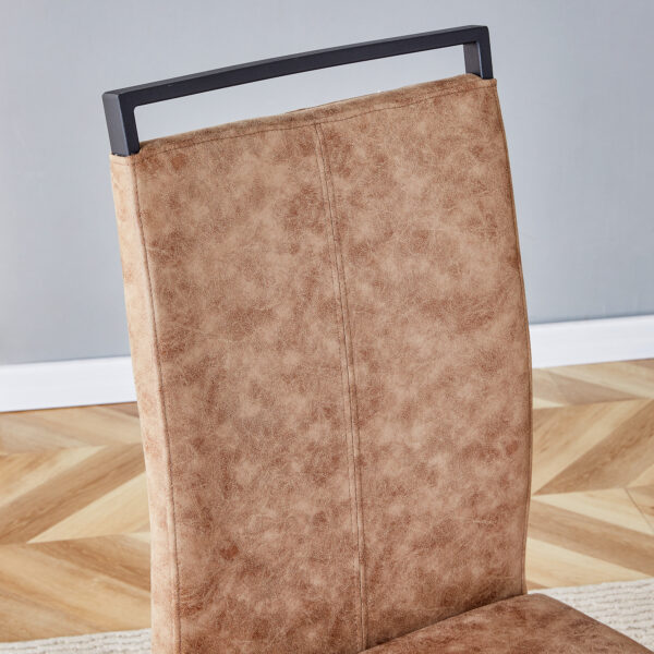 da256399f08241d7a4dd3c6644416f08_ffd805137e6ececab0833abebab95465 Table and chair set.Wood Texture MDF Coffee Table - Reinforced with Tempered Glass Legs.Paired with 4 brown technology fabric chairs with Featuring arched black legs.