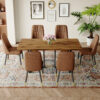 Table and chair set.67"x36" Wood-Textured MDF Dining Table Set with 6 Brown Suede Chairs.MDF sticker,Wood colored texture sticker,Brown armless dining chair,Suitable for kitchen,Dining room,etc.