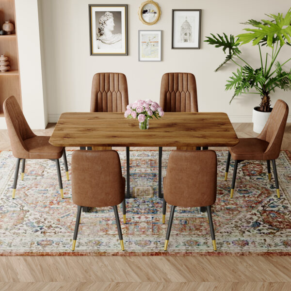 da2d5b7f47f34a89927d51cdcc2e96bb_8ed90f4ed5450111e001090dc5b8f161 Table and chair set.67"x36" Wood-Textured MDF Dining Table Set with 6 Brown Suede Chairs.MDF sticker,Wood colored texture sticker,Brown armless dining chair,Suitable for kitchen,Dining room,etc.
