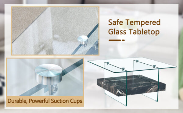 da2de3205ae34ac68c471e2c5d4b64c5_0089c76be18357c568775c797abbbe07 31.4 Inch Modern Two-Tier Square Coffee Table - An Elegant Combination of Clear Glass and Black Marble Pattern Sticker.It can be used as a coffee table,a side table or a display stand.